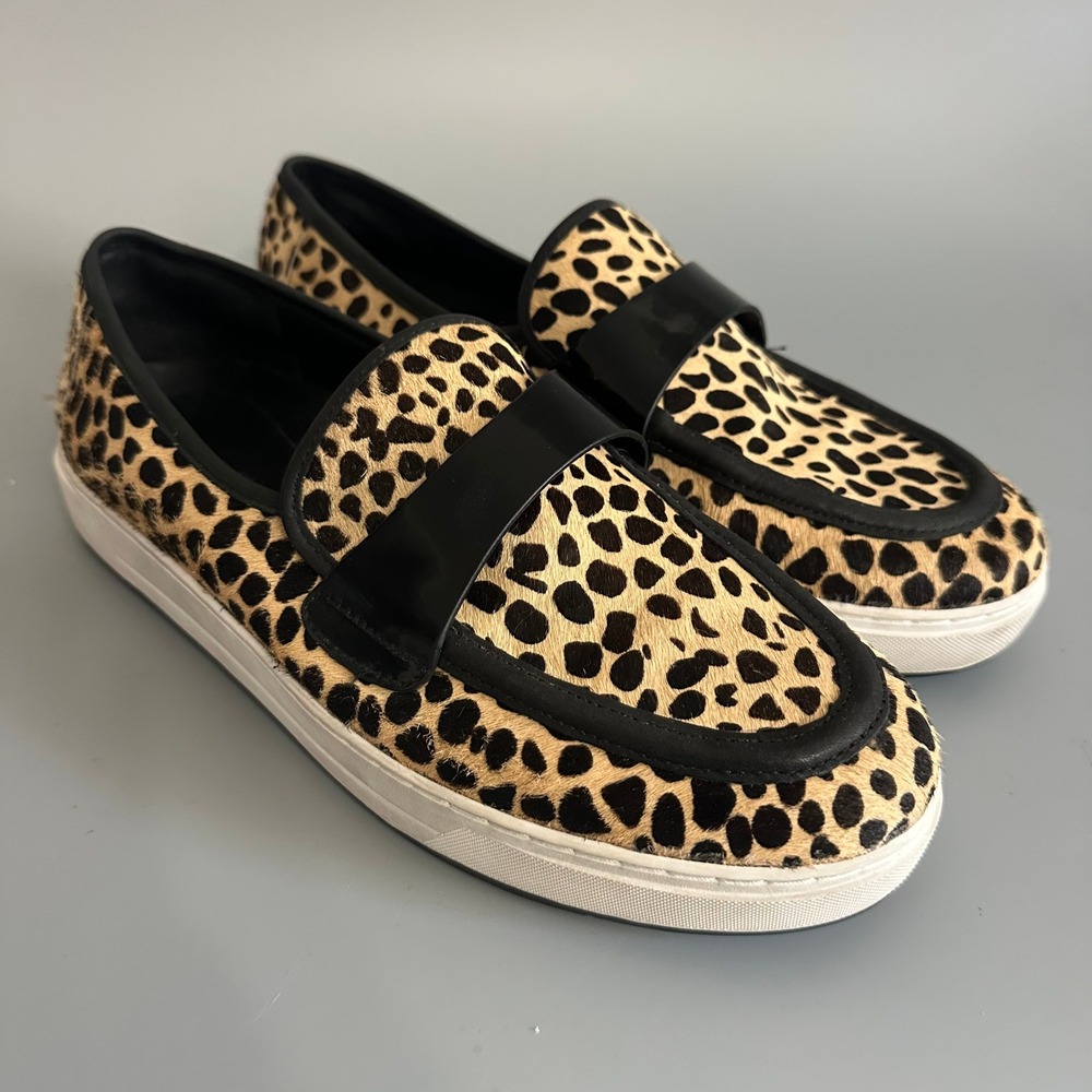 Donald Pliner Leopard Calf Hair Loafers Black Patent Strap Platform Shoes SZ 10
